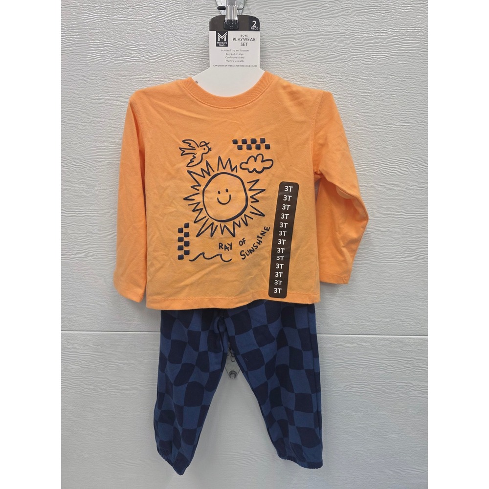 Member's Mark Boys Playwear Set 3T Orange Ray of Sunshine Tee Checkered Pants